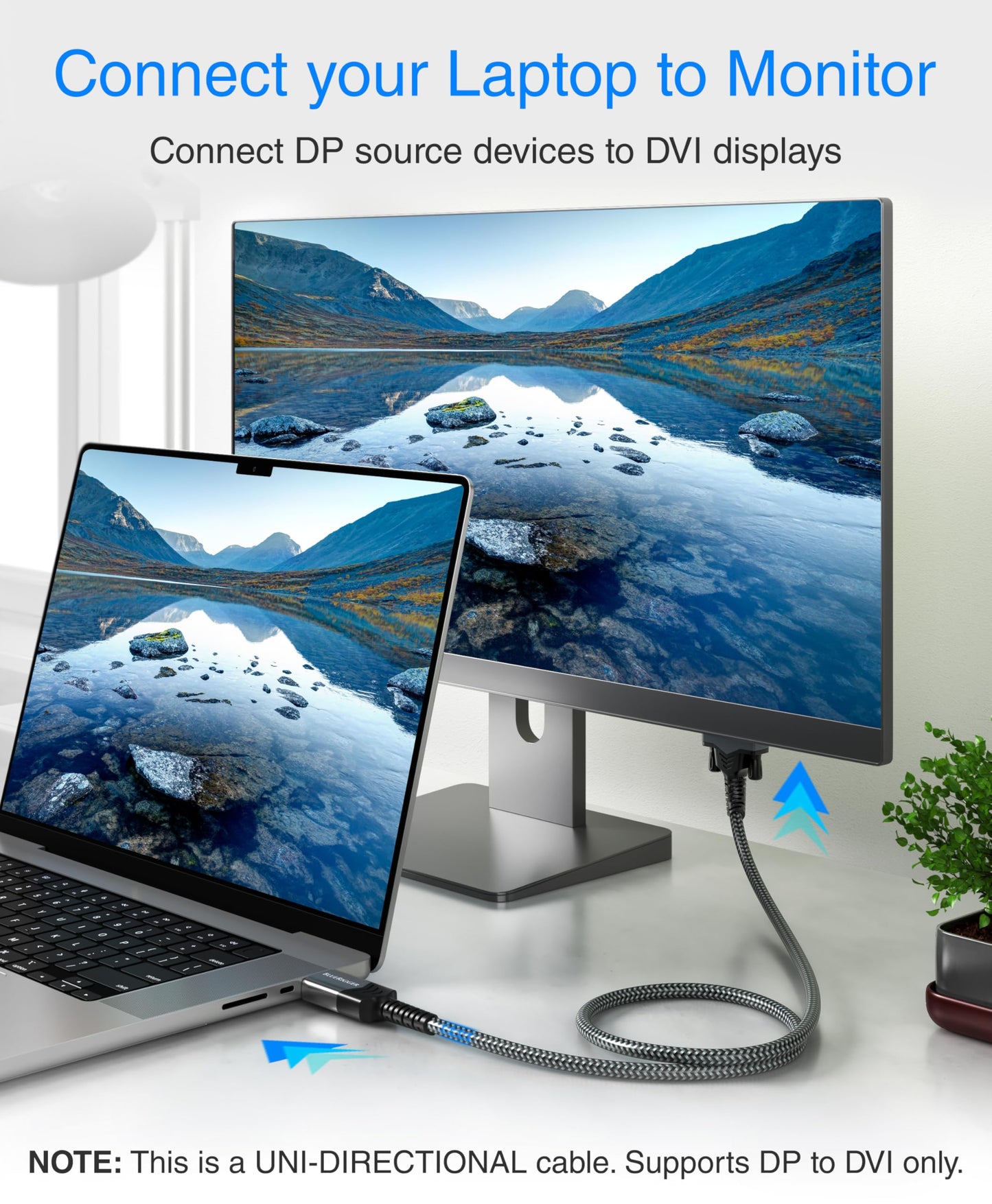 BlueRigger DisplayPort to DVI Cable - (6FT, Uni-Directional, DP to DVI-D Adapter, Male to Male Converter, Monitor Cable) - Compatible with Laptop