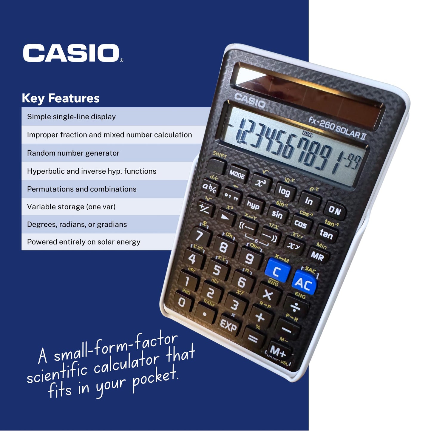 Casio fx-260 Solar II Scientific Calculator | 10-Digit Display | Fraction & Trig Functions | Ideal for Middle School, High School Math, Algebra