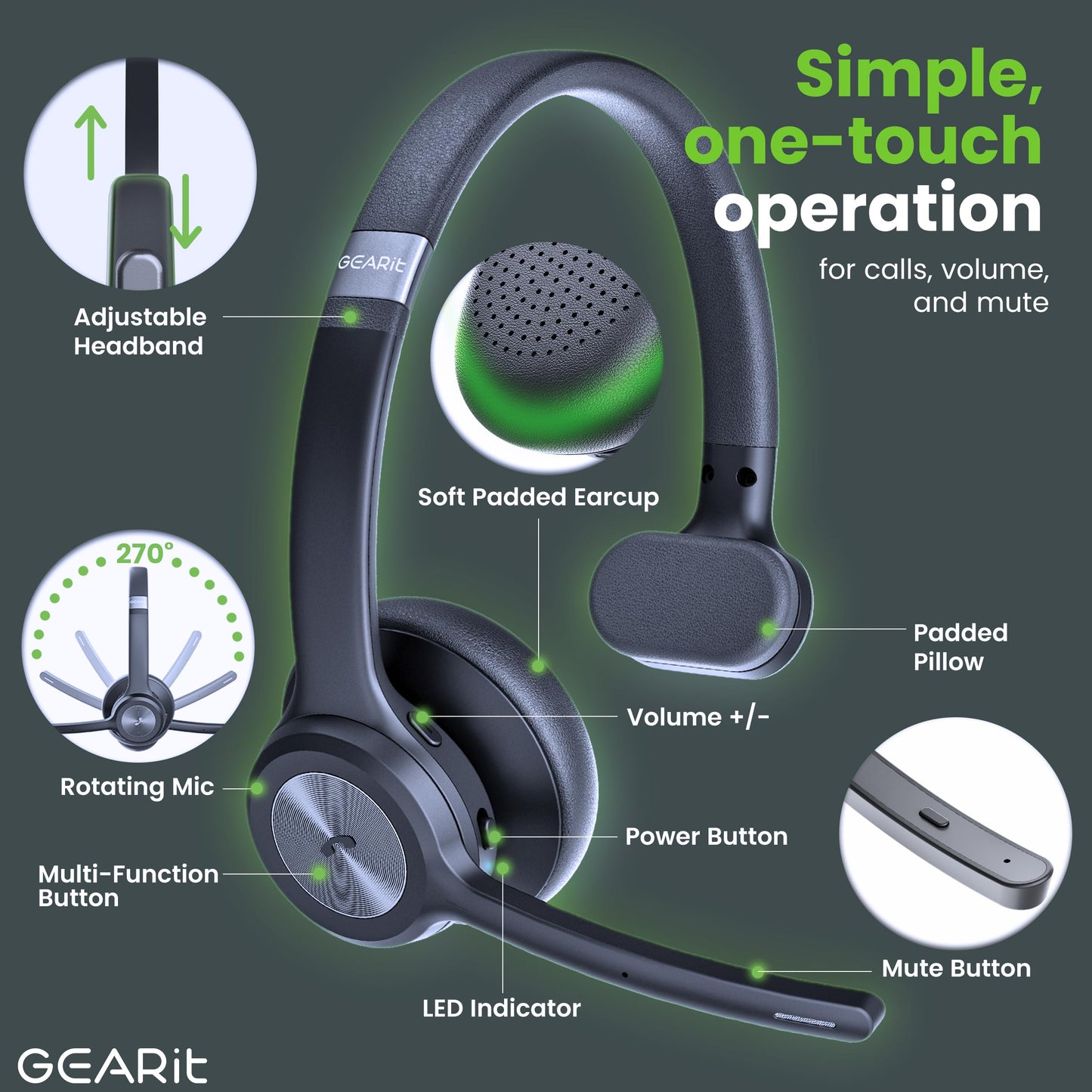 GEARit Wireless Bluetooth Headset with Mic - 35 Hrs Talk Time - for Trucker, w/Noise Cancelling Microphone & Mute Button - Easy to Set Up Wireless