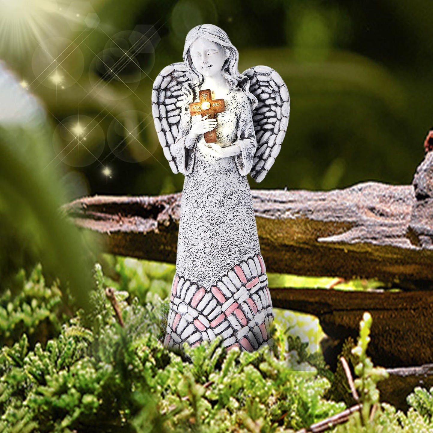 Yiosax Angel Garden Statues Outdoor Solar Decor Gifts for Women Cross Praying for Cemetery Backyard Lawn Yard Decoration?10.24inch?