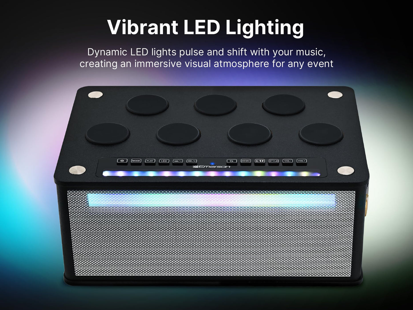 Emerson EDS-1000 Bluetooth Party Speaker with Digital Drum Pads, LED Lights, Dual Speakers, USB/AUX/Mic Inputs, & Rechargeable Battery