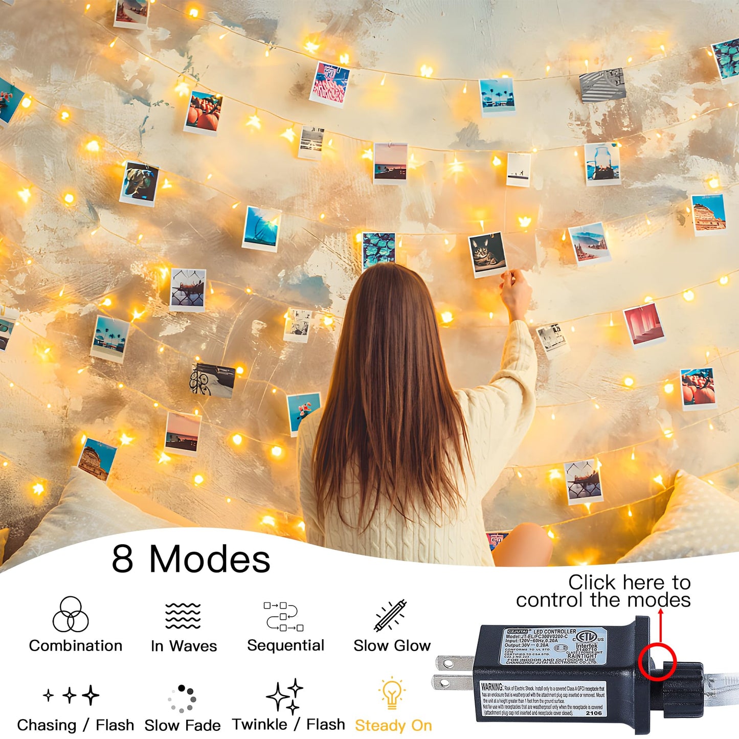 MYGOTO String Lights Indoor Bedroom, 33FT 100 LED Fairy String Lights Outdoor Waterproof, 8 Modes Memory Twinkle Christmas Light Plug in for Classroom