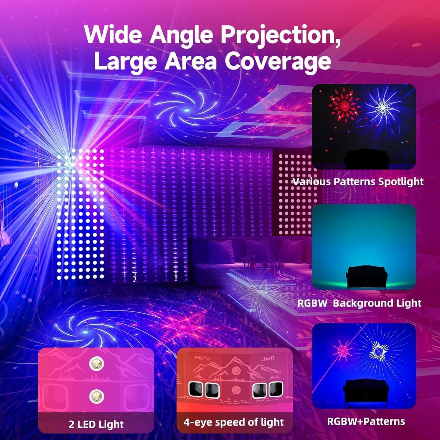 4-Lens Party Lights with Unique Blue Patterns - RGBW LED Background Strobe Light, Sound Activated DJ Stage Projector with Remote, USB Powered Rave