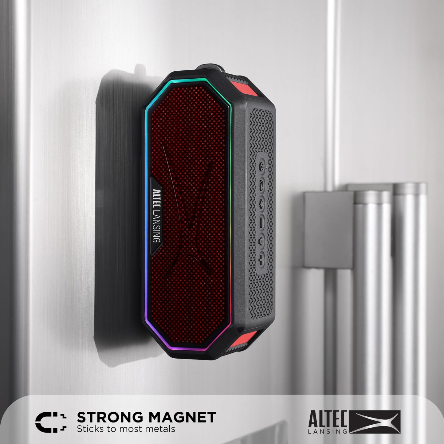 Altec Lansing Magnetic Bluetooth Speaker HYDRAJOLT 2.0, Waterproof IP67, 12W Output Power, 16H Battery, Multicolor LED, 100ft Wireless Range, Voice