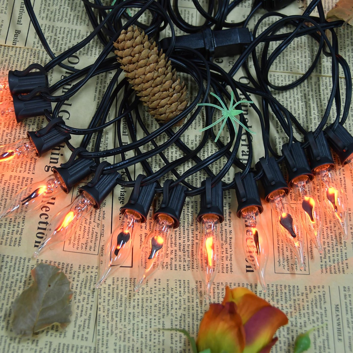 27.8Ft Halloween Decorations Flickering Flame String Lights with 29 Pack Clear Glass Flame Light Bulbs (4 Spare), E12 Base, Great for Christmas