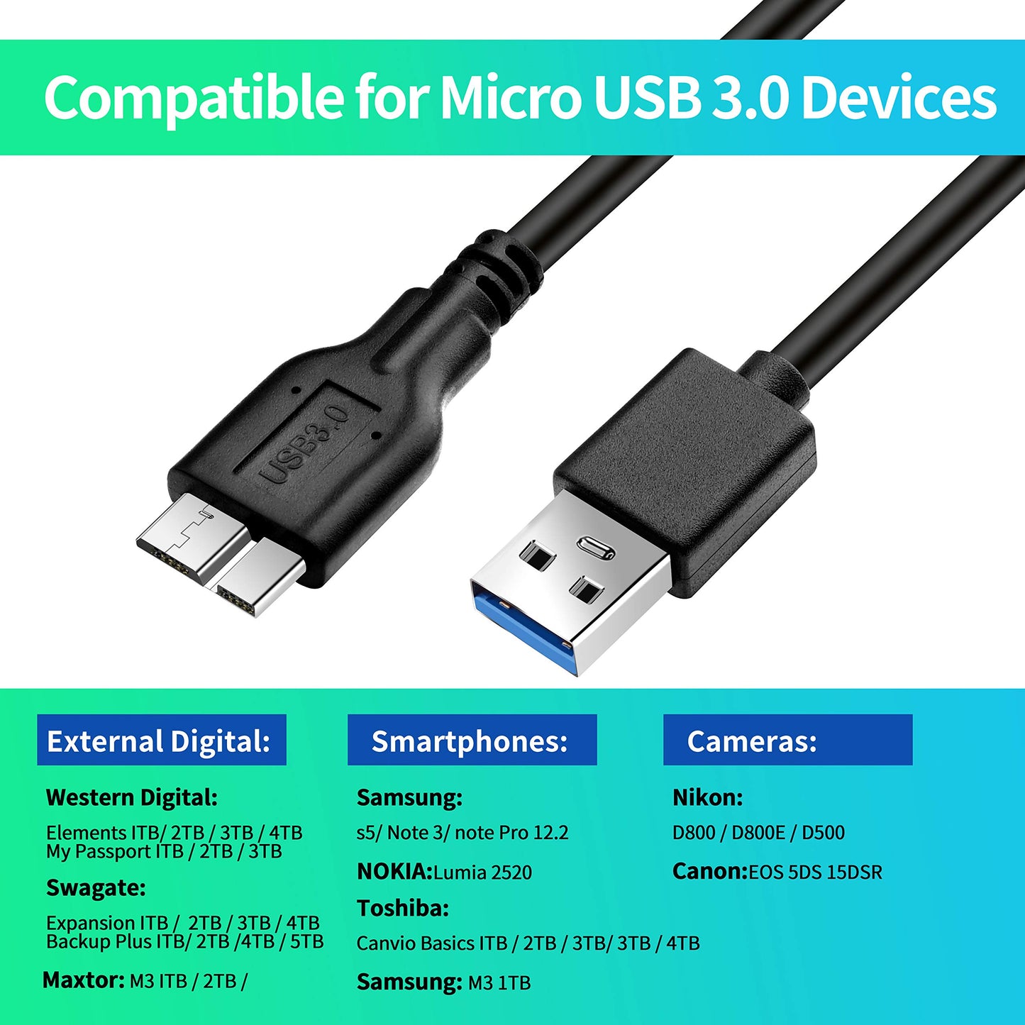 Reallycare Micro B Cable, USB 3.0 A Male to Micro USB 3.0 Sync Cord,Data Wire for Toshiba,Seagate,Samsung,WD, My Passport and More External Hard
