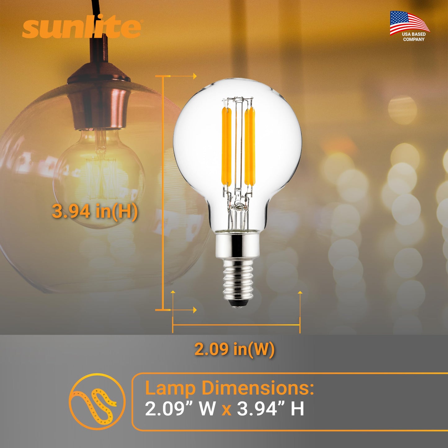 Sunlite 81145 LED G16.5 Filament Style Globe Light Bulb, 6 Watts (60W Equivalent), 500 Lumens, 120V, Dimmable, Candelabra Base (E12), 90 CRI, UL