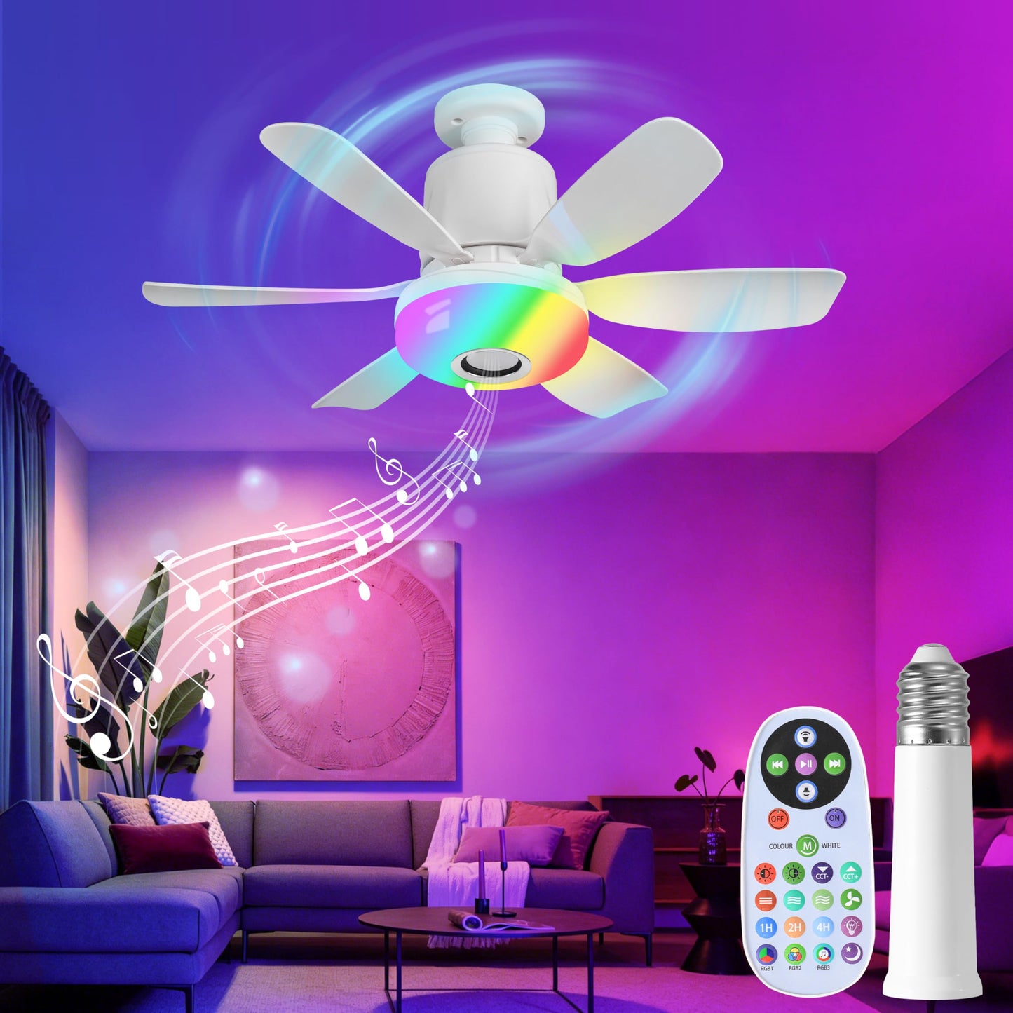 Socket Fan Light with Remote, Ceiling Fan with Bluetooth Speaker, RGB Lights, 3 Color Lights, 3 Fan Speeds, Socket Extender, Small Ceiling Fans