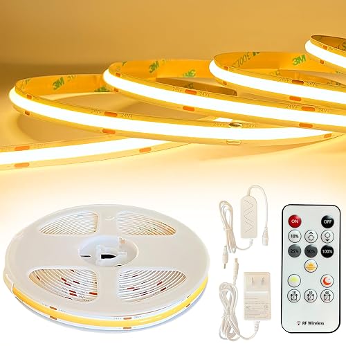 GLOWTRACE COB LED Strip Light Kit - 16.4ft Warm White (3000K), Dimmable with RF Remote, Peel & Stick DIY, Under Cabinet Lighting, LED Lights