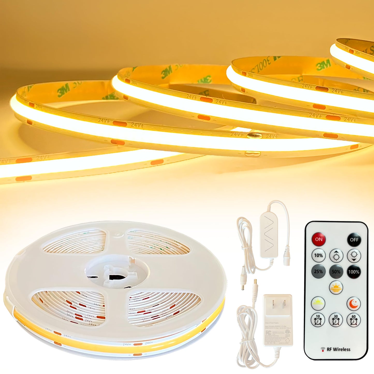 GLOWTRACE COB LED Strip Light Kit - 16.4ft Warm White (3000K), Dimmable with RF Remote, Peel & Stick DIY, Under Cabinet Lighting, LED Lights