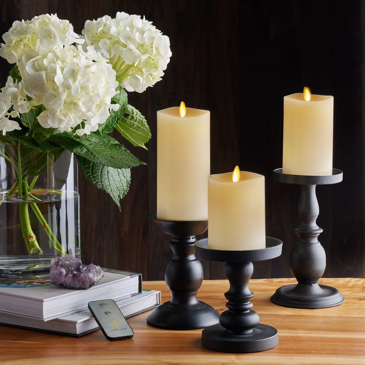 Luminara Realistic Flameless LED Set of 3 Ivory Pillar Candles, Home Safe Moving Flame Melted Top Illumination, Battery Operated Remote Control