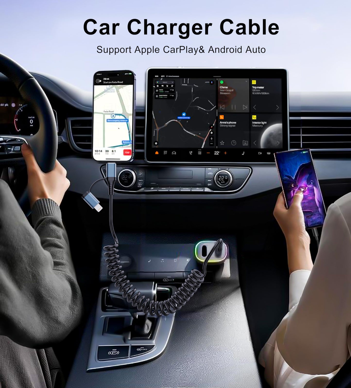 Coiled USB-C and Lightning Cable 2-in-1 with Dual Port (USB-C/USB-A) - 4ft Retractable Car Charger Cord for iPhone Android, Apple CarPlay & Auto…