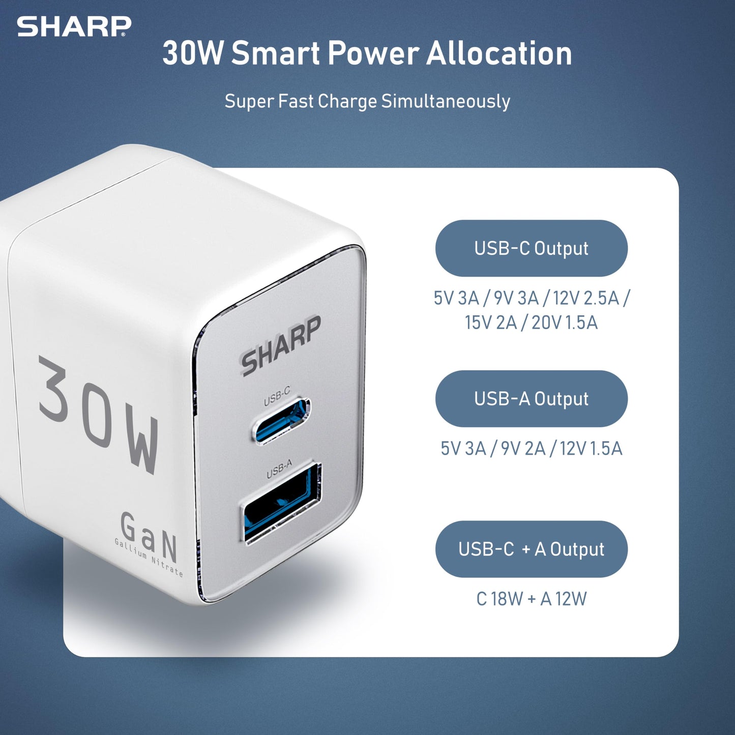 Sharp USB C Charger - 30W, Dual Port (USB A+C) Compact Foldable GaN Fast Charge for iPhone 15/15 Pro/15 Pro Max/14/13/12, Pad Pro/AirPods and More