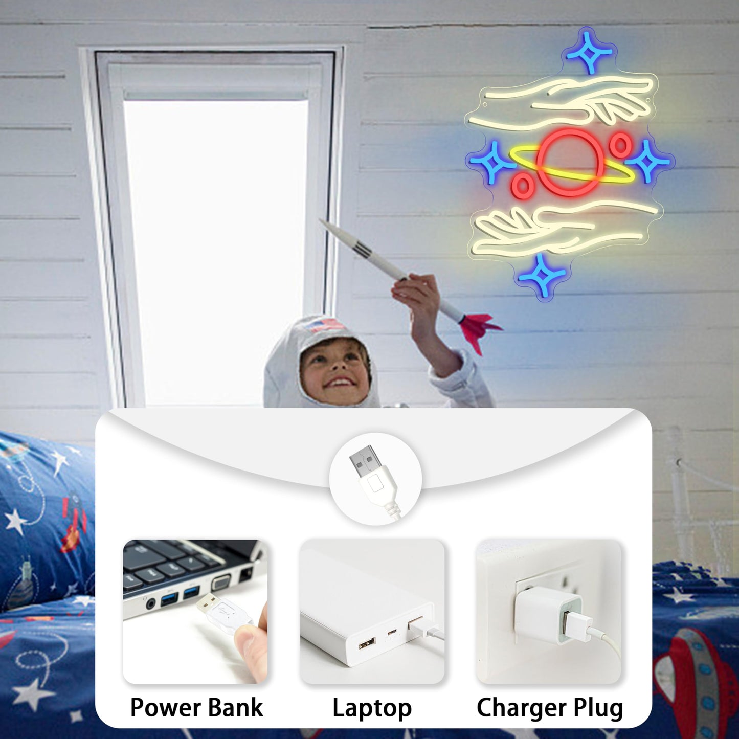 AEHEMNGZ Holding the Galaxy Neon Sign for Wall Decor Dimmable Usb Powered Planet Led Sign 16.54’’*12.6’’ Moon Neon Light Adorable Led Star Sign