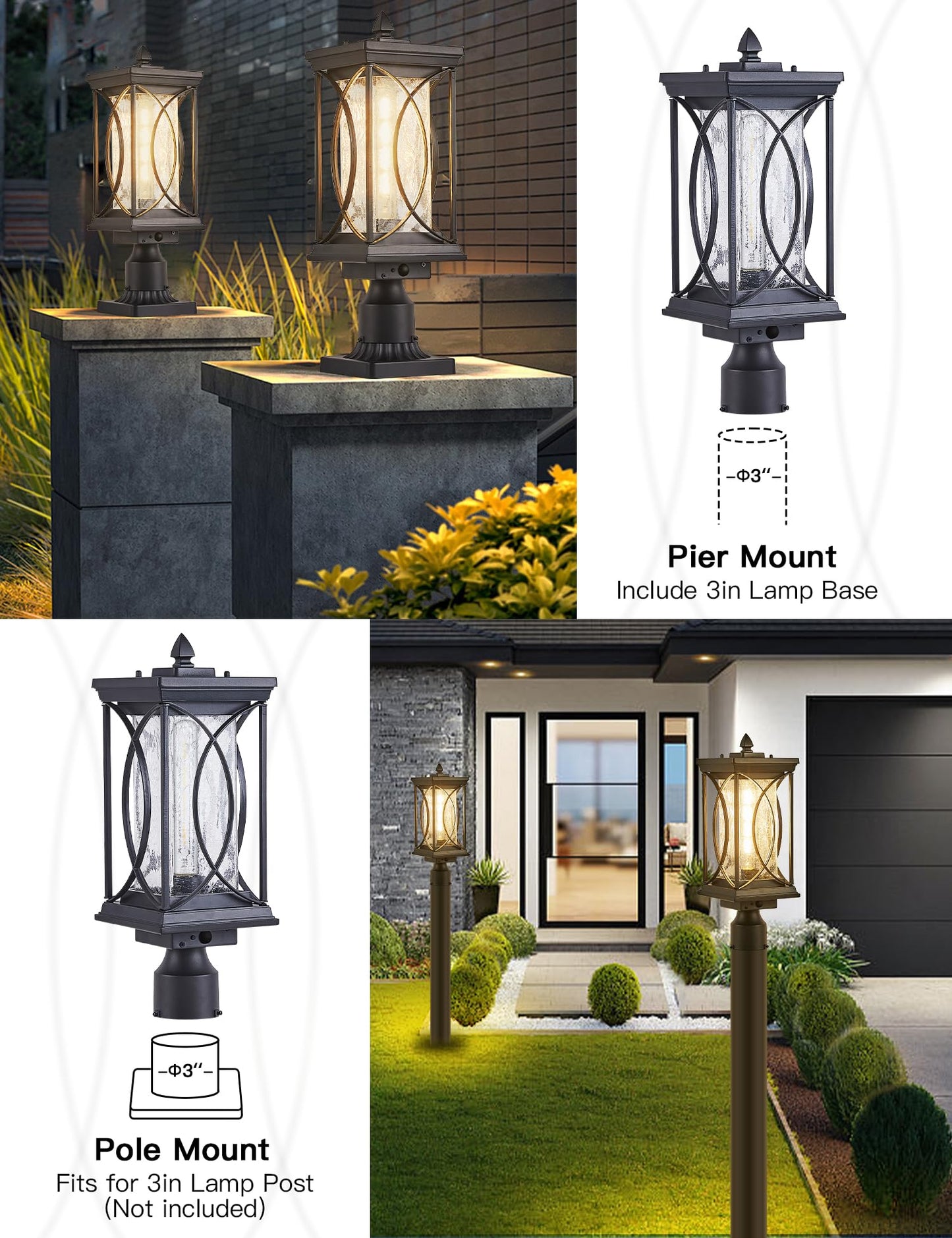 Delicavy Motion Outdoor Post Lantern Dusk to Dawn Pillar Lamp with 3 Inch Pier Mount Adapter, Black Pole Light Aluminum with Crackle Glass Motion
