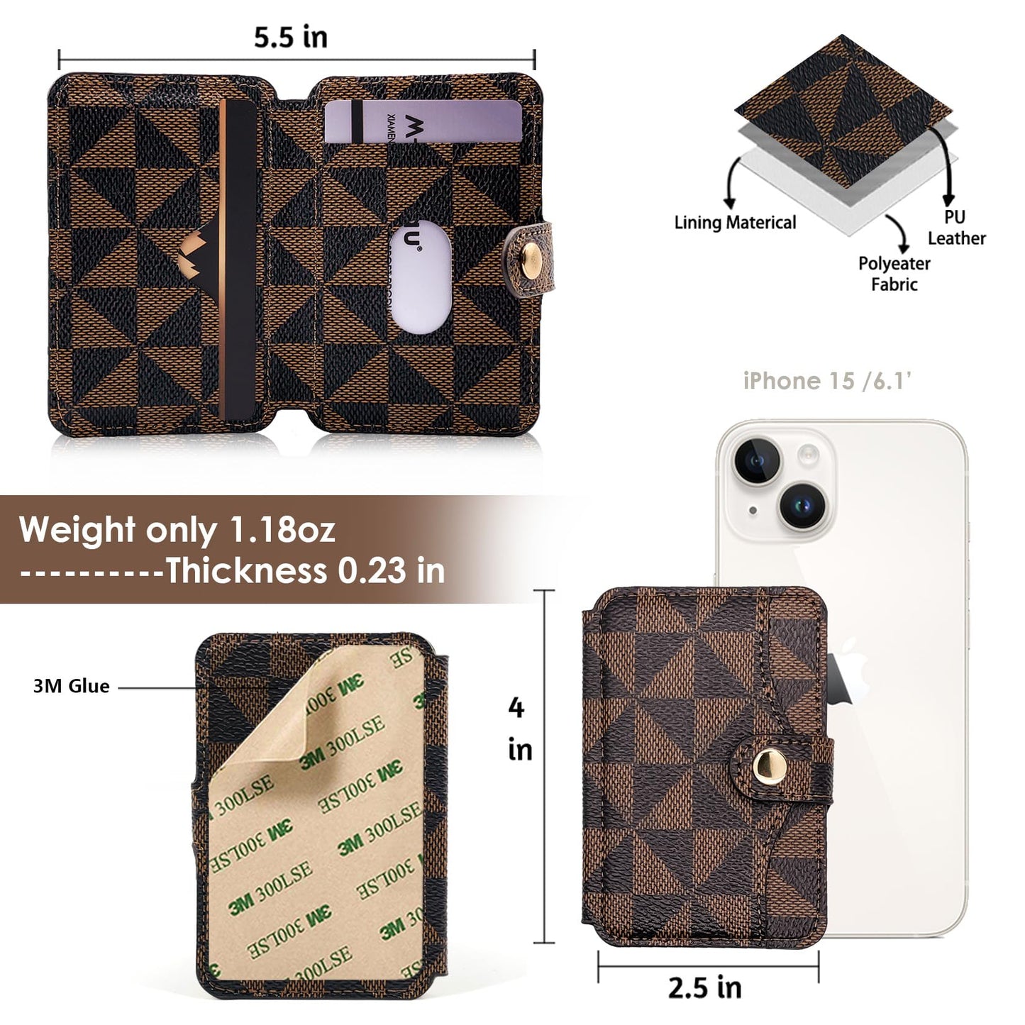 M-Plateau Card Holder for Phone, Stick On Phone Wallet With 3M Adhesive (Brown and Black)