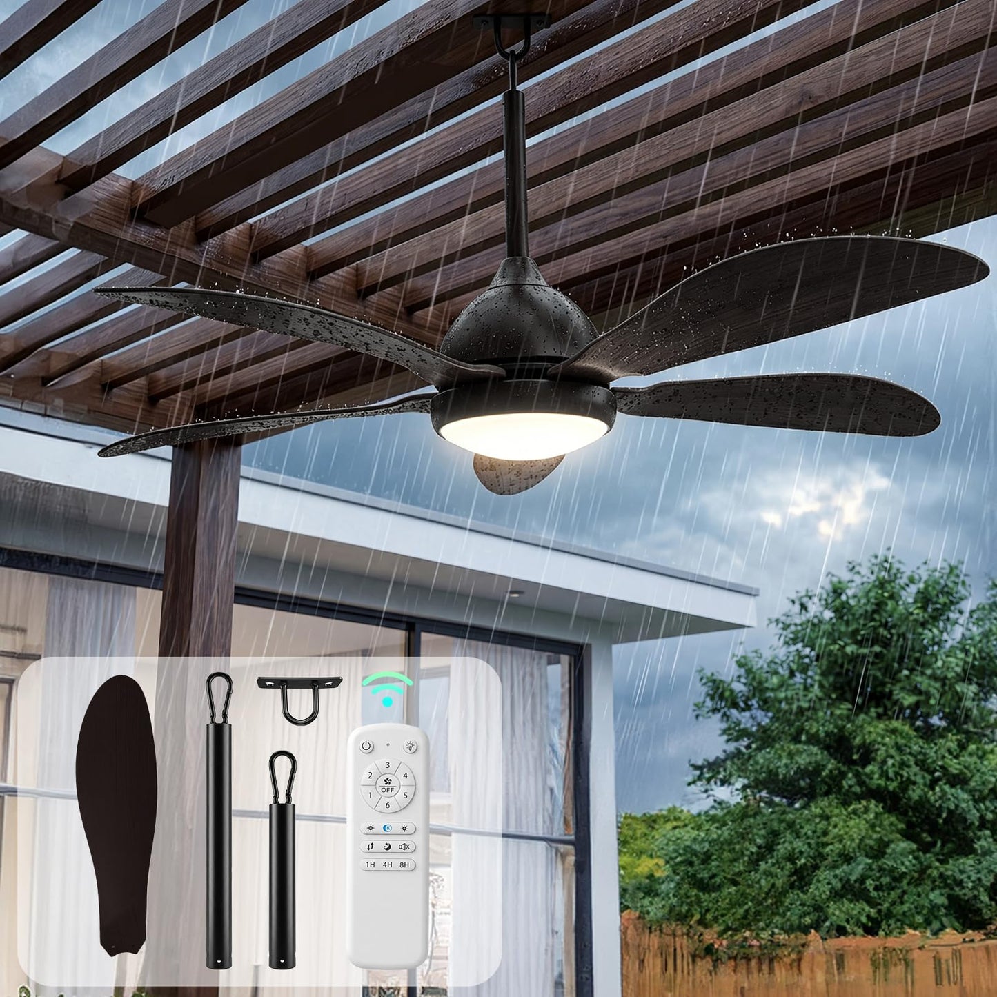 TCL 46 Inch Plug in Outdoor Ceiling Fan with Light and Remote, Black