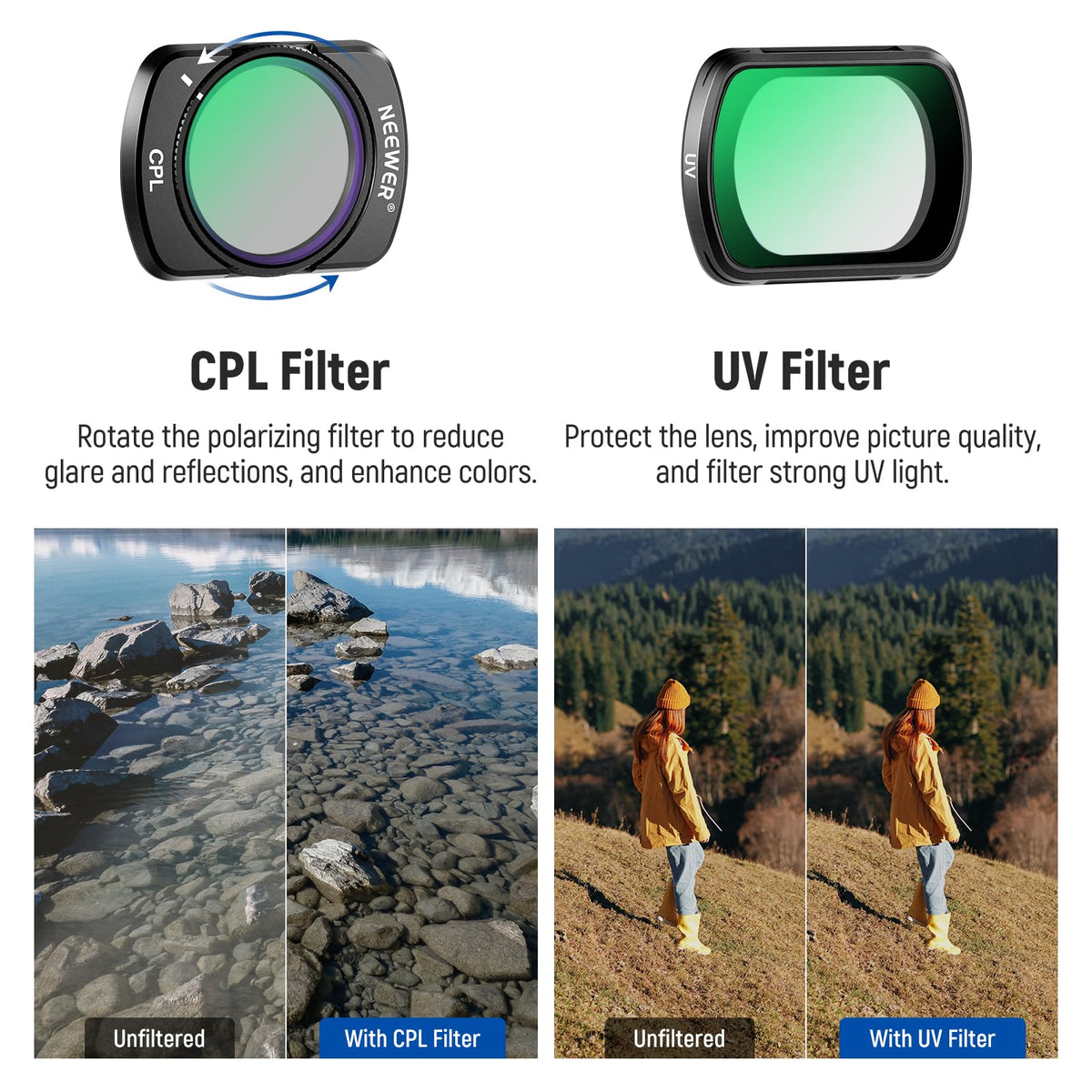 NEEWER Magnetic ND Filter Set Compatible with DJI Osmo Pocket 3 Creator Combo Accessories, 6 Pack ND16 ND32 ND64 ND256 CPL UV Lens Filter Kit + 2X