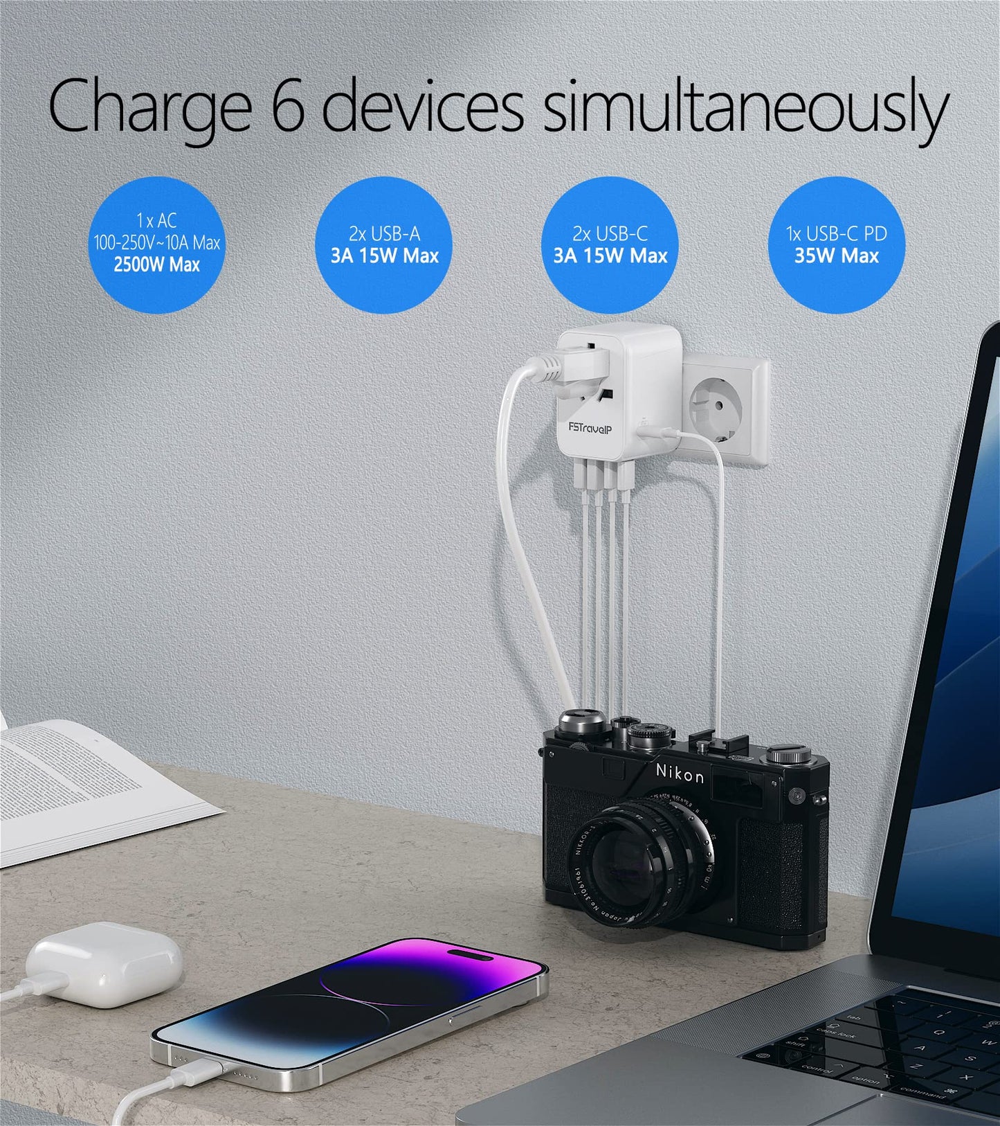 Universal Travel Adapter with USB C PD 35W Fast Charge, FSTravelP International Plug Adapter with 5 USB Ports (2 USB A+3 Type C) Dual 10A Fused…