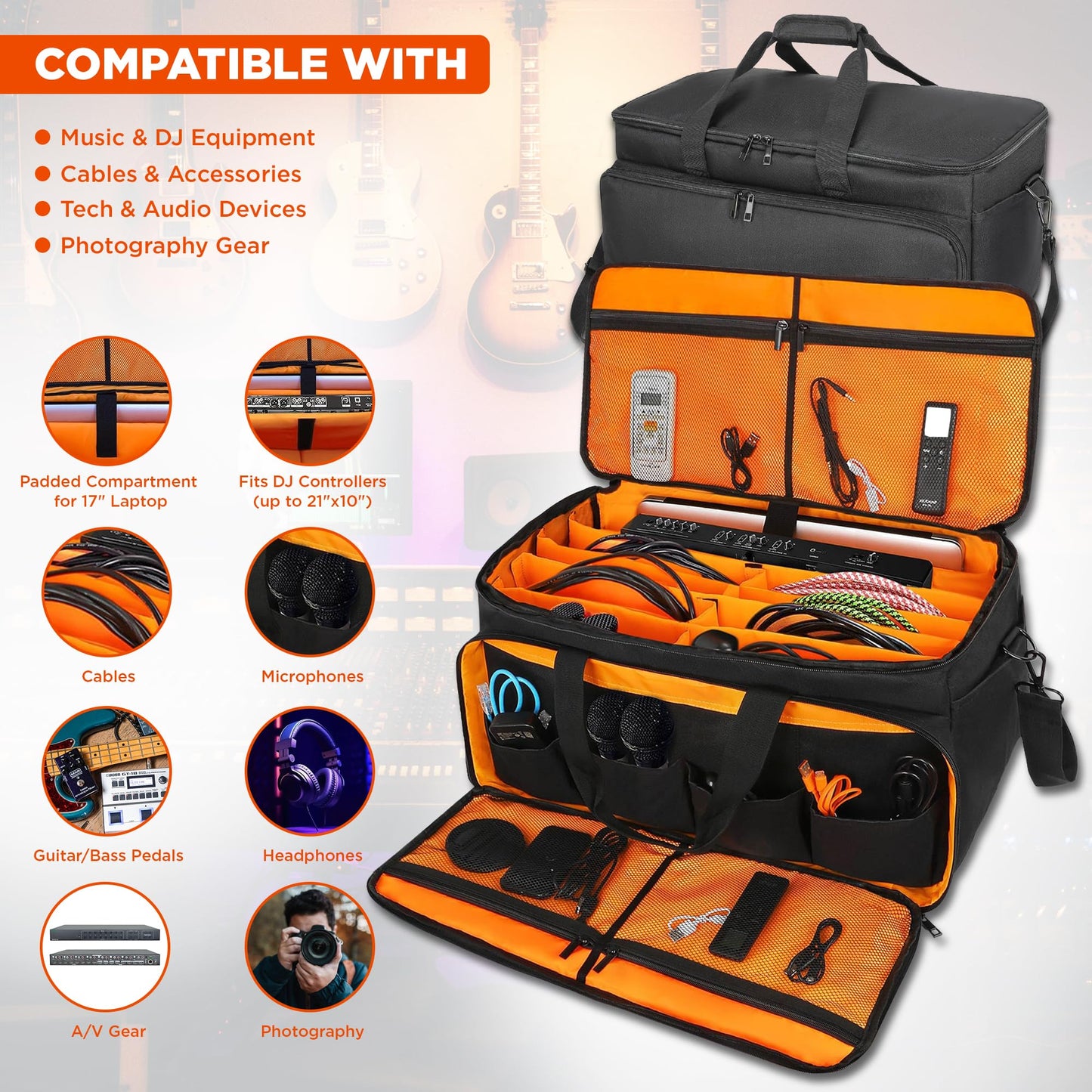 Talrizio Cable Bag Organizer & DJ Bag for Musicians: Heavy Duty Gig Bag with 17" Laptop Sleeve, Dividers for DJ Accessories, Gear & Cable Storage for