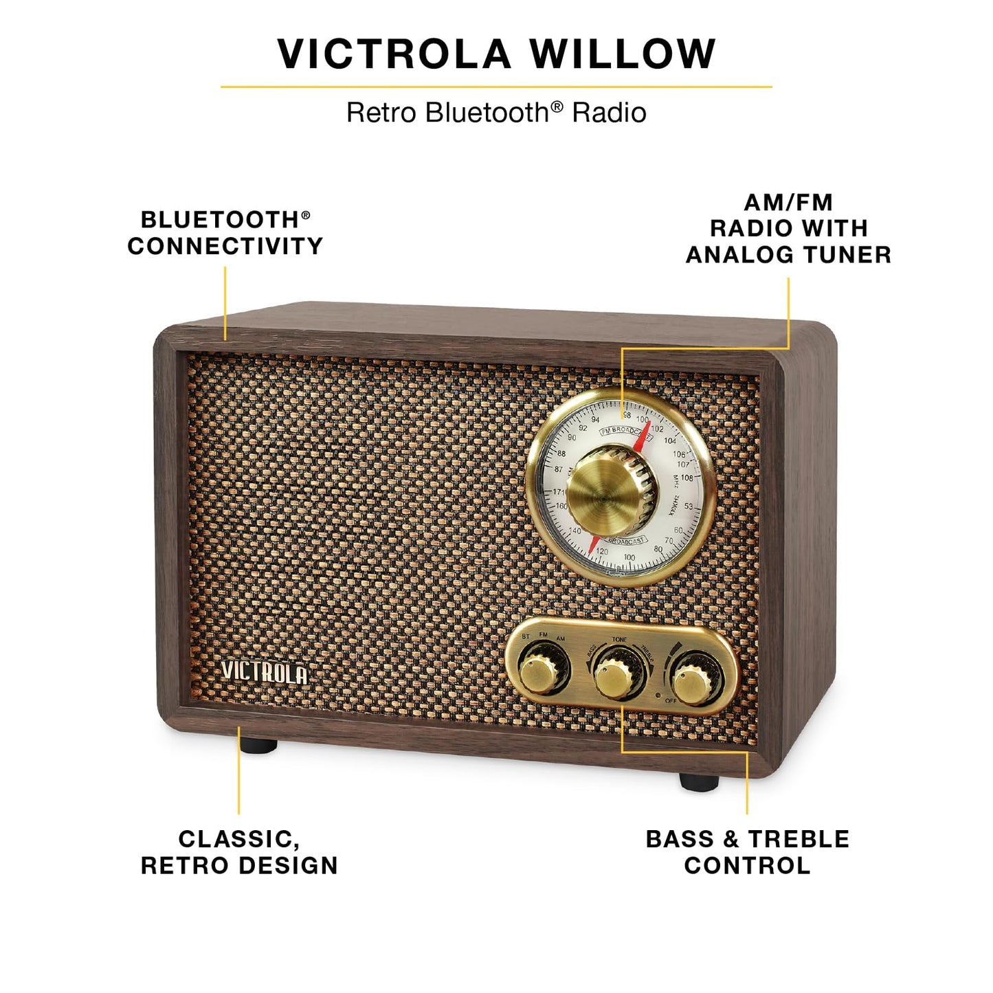 Victrola Willow - Retro Wood Bluetooth Radio with Built-in Speakers: Elegant & Vintage Design, Rotary AM/FM Tuning Dial, Bass & Treble Control