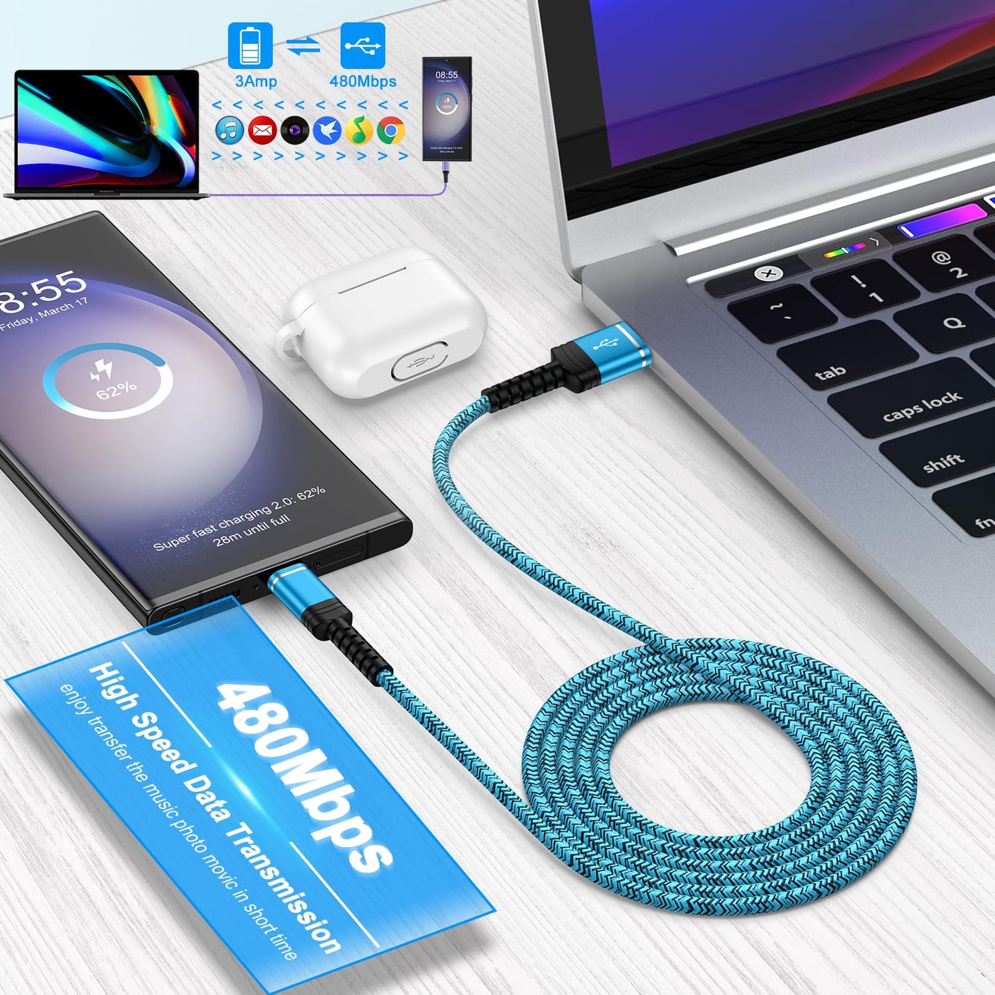 USB C Charger Cord Fast Charging 3 Pack 6ft for Samsung Galaxy S25 Ultra S25 Edge S25 Plus S25 A17 A16 5G A35 A15 S24 FE S23, 3.1A Android Charger USB