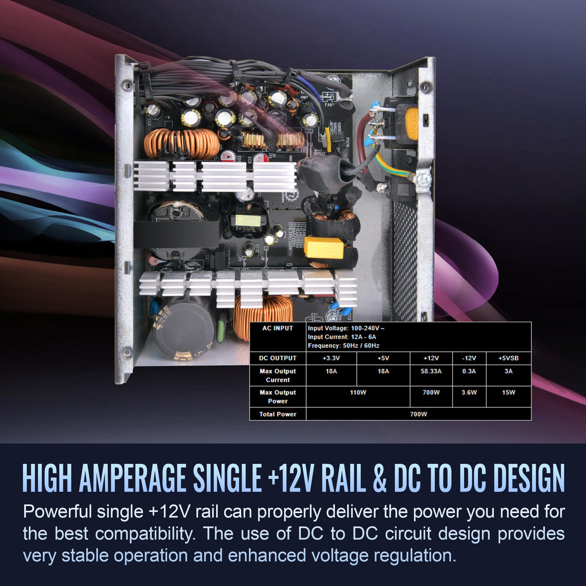 Smart W3 Series 80Plus Certified 700W Power Supply; ATX v3.1 Spec; 120mm FDB Fan; 5 Year Warranty; PS-SPW-0700NNFAWU-1