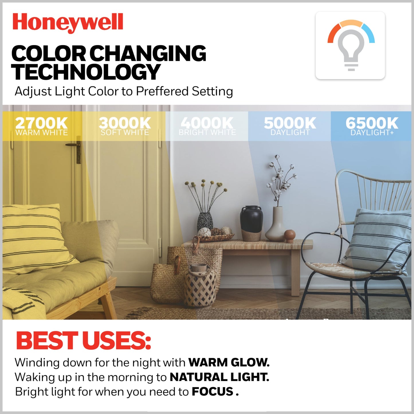 Honeywell Ceiling Fans Berryhill, 48 Inch Ceiling Fan with Color Changing LED Light, Pull Chain, Dual Mounting Options, 3 Dual Finish Blades