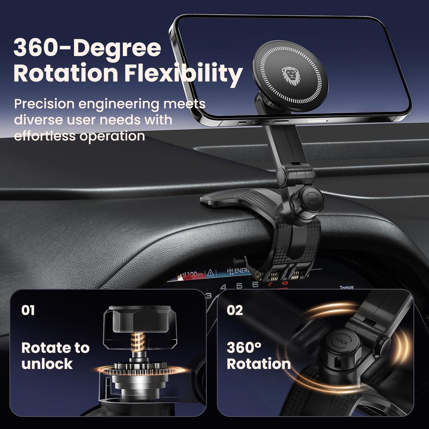 JunDa Universal 360-Degree Rotating Car Phone Holder, Multifunctional Dashboard Phone Mount with Clip for All Smartphones, Secure Flexible Grip