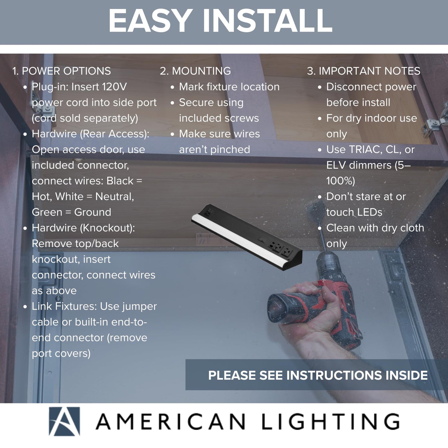 American Lighting LED Courant Plus Undercabinet Light 18 Inch 5CCT Color Selectable 90+ CRI 1000 Lumens with USB-A USB-C and 20A Receptacles Black