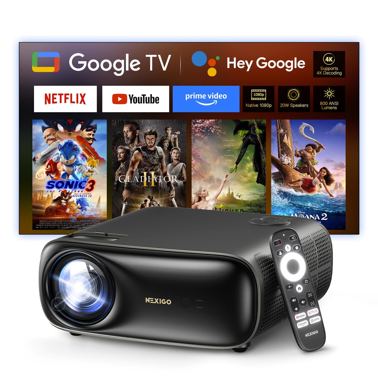 NexiGo PJ40 Pro Google TV Projector, Native 1080p, 4K Support, AI Image Enhancement, 800 ANSI Lumens, Smart Projector with Auto Keystone, 20 W