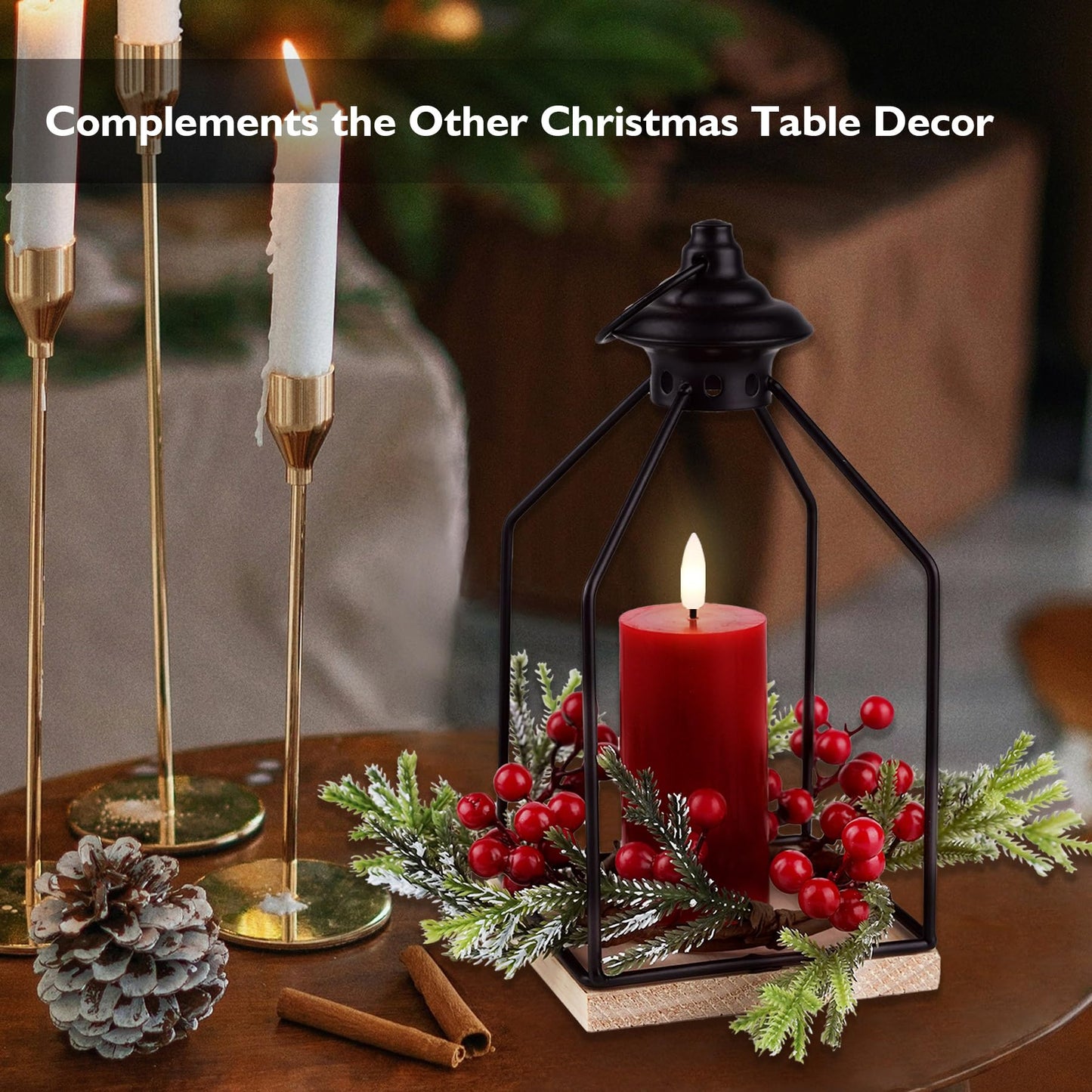 Rhytsing Christmas Table Centerpieces, H10 Inches Decorative Lantern with Real Wax Red LED Flameless Candle and Christmas Cedar Candle Ring, Battery
