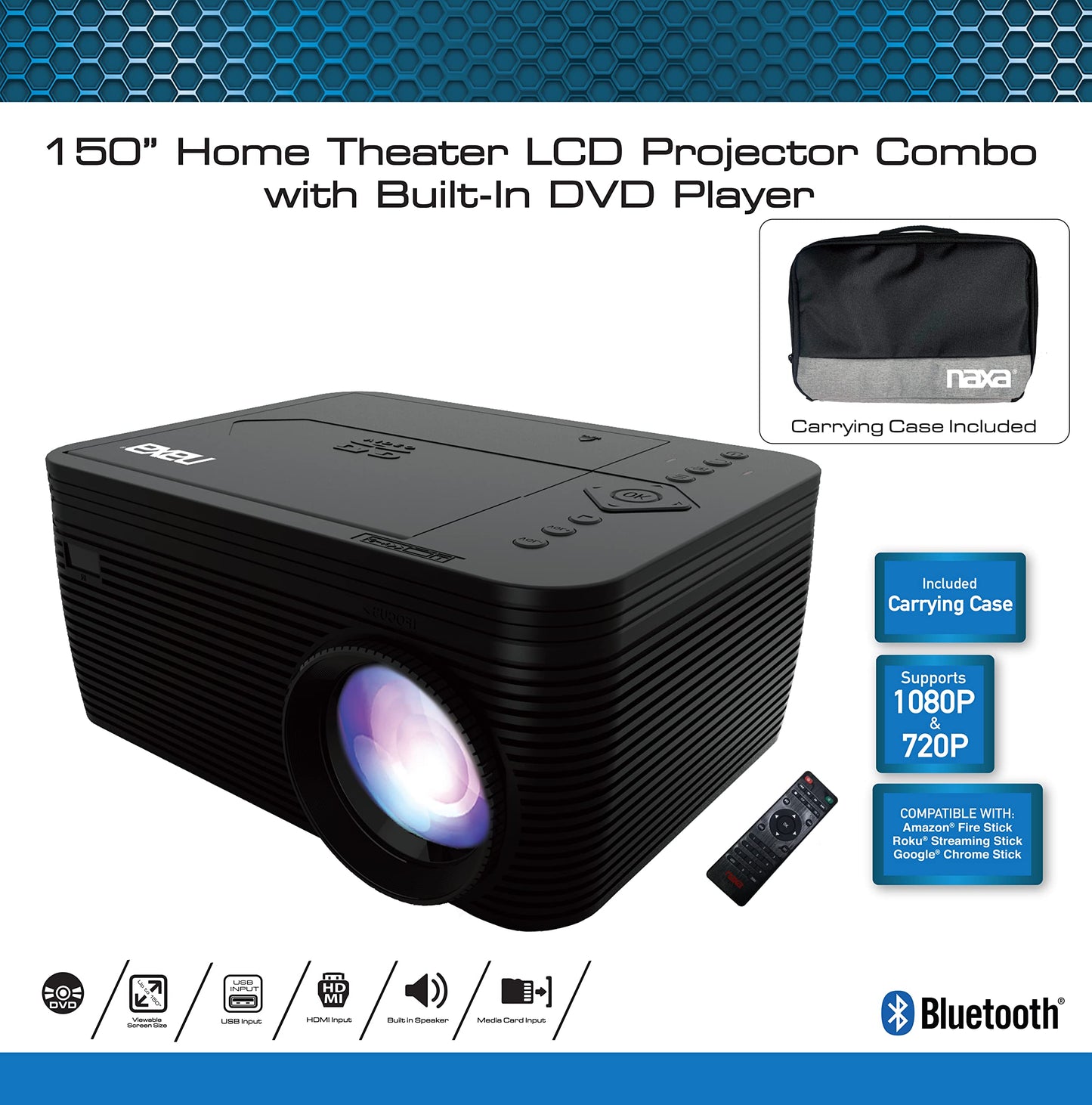 Naxa Electronics NVP-2502C 150-inch Home Theater LCD Projector Combo with Built-in DVD Player, Remote, and Case, Gaming Consoles, Bluetooth, HDMI x 2