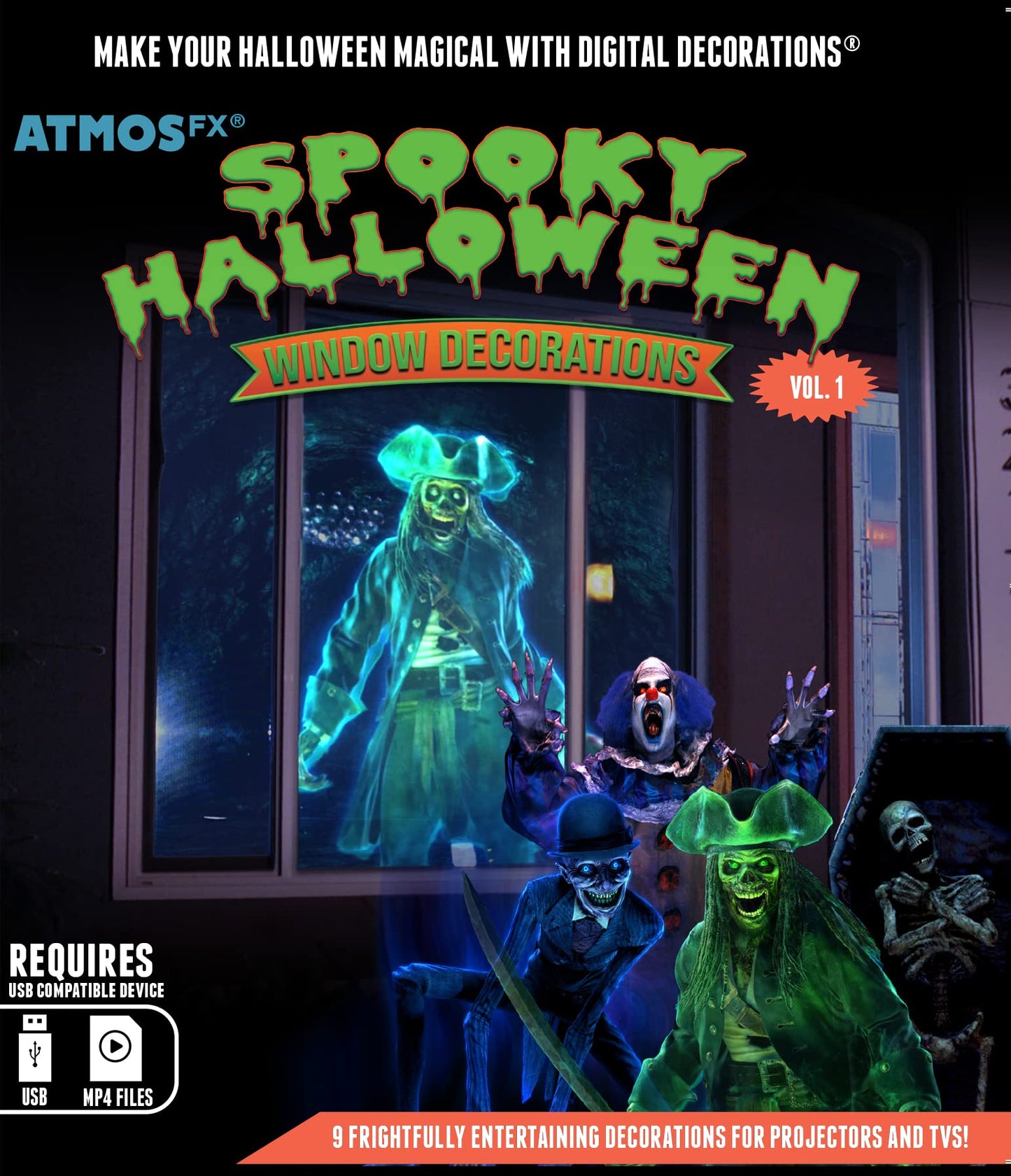 Reaper Brothers Spooky Halloween Digital Decoration Kit Includes 9 AtmosFX Video Effects for Halloween Plus HD Super Bright Projector and 48” x 72”