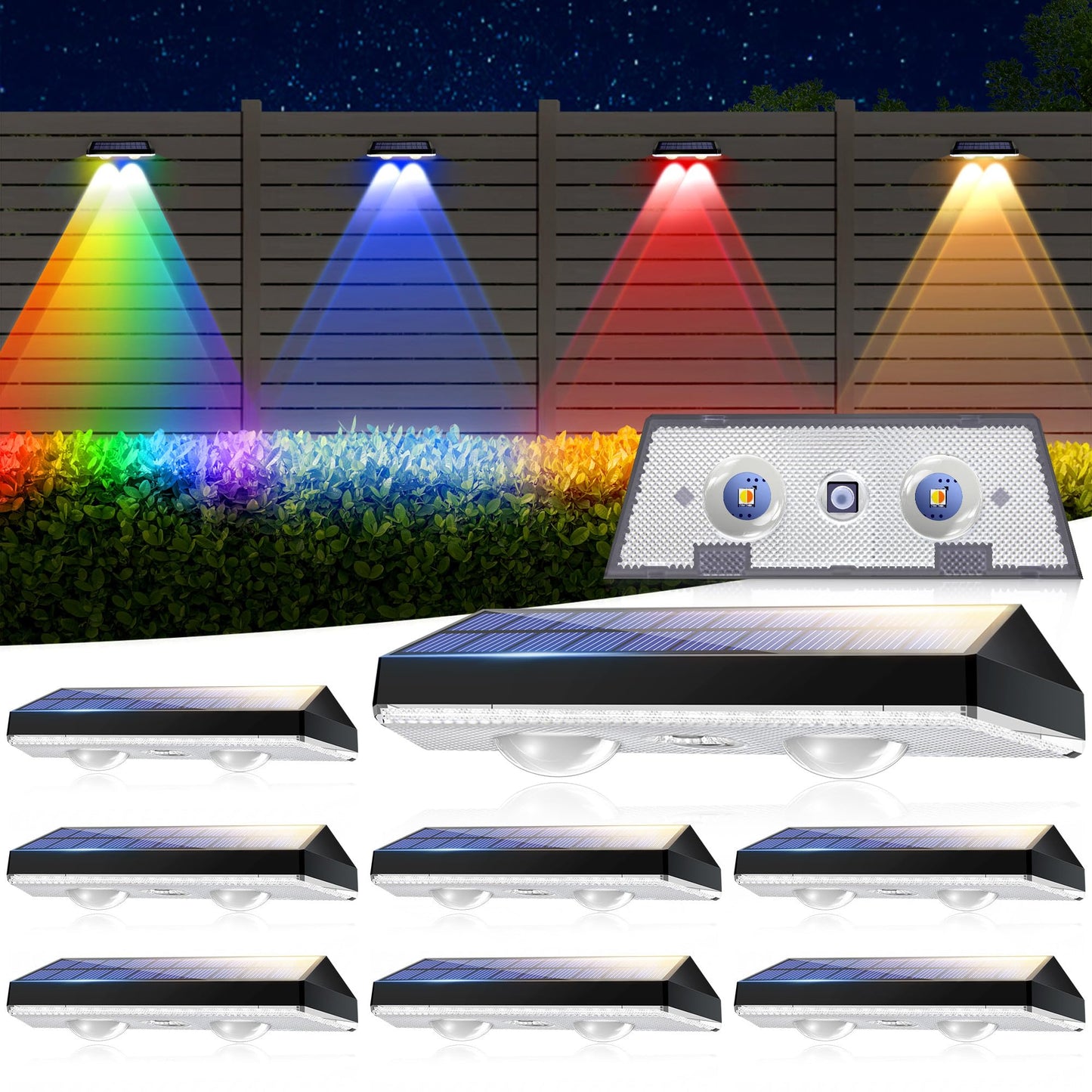 FAXBOX Solar Fence Lights Outdoor, Waterproof LED,RGB Color Mode 6 Solid Monochrome, SolarPowered Wall Lights with 500mAhBattery,Solar Fence Lights