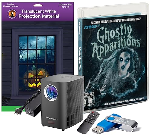HoliScapes® USB Projector Kit - AtmosFx Ghostly Apparitions on USB + Projector + 48" x 72" Large White Holographic Screen for Halloween Projection