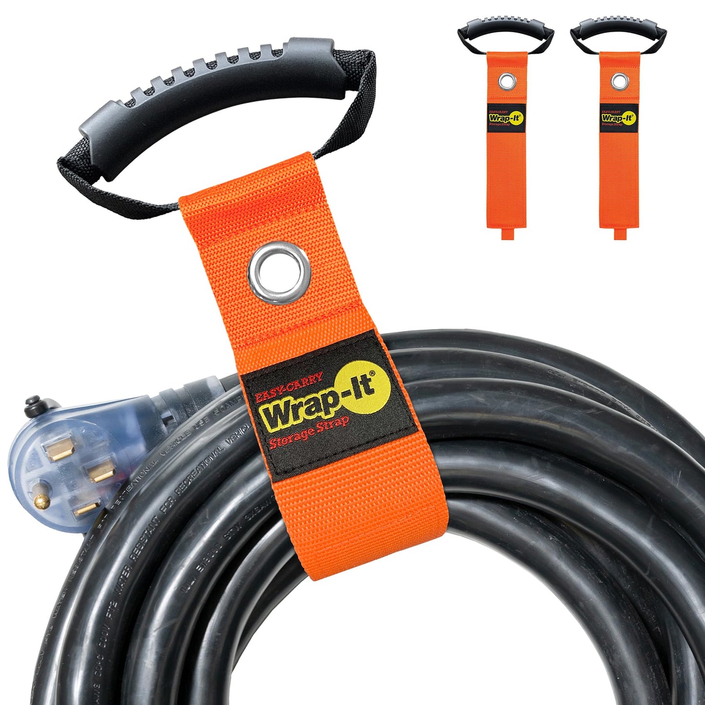 Easy-Carry Wrap-It Storage Straps - 22” (2-Pack) Blaze Orange with Grommet - Extension Cord Storage Holders and Carrying Straps for Garden Hose