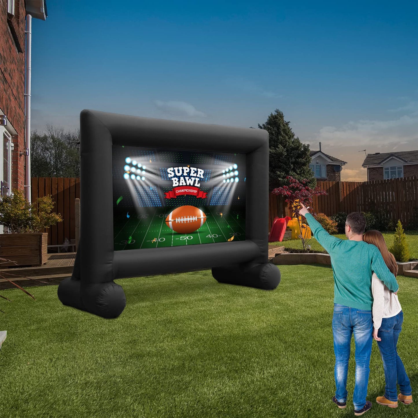 14 Feet Inflatable Outdoor and Indoor Theater Projector Screen with Built-in Blower - Includes Tie-Downs and Storage Bag - Supports Front and Rear