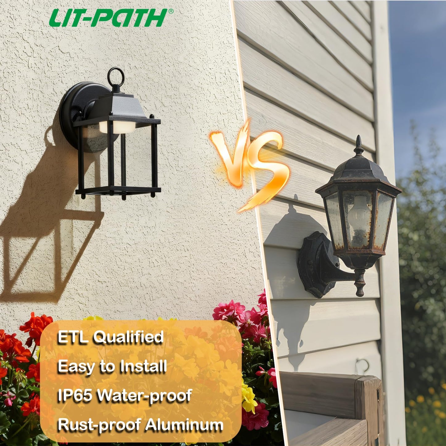 LIT-PaTH Outdoor LED Wall Lantern, Wall Sconce Exterior Porch Lighting Fixture, 3000K Warm White, 9.5W 800 Lumen, Aluminum Housing Plus Glass, Black