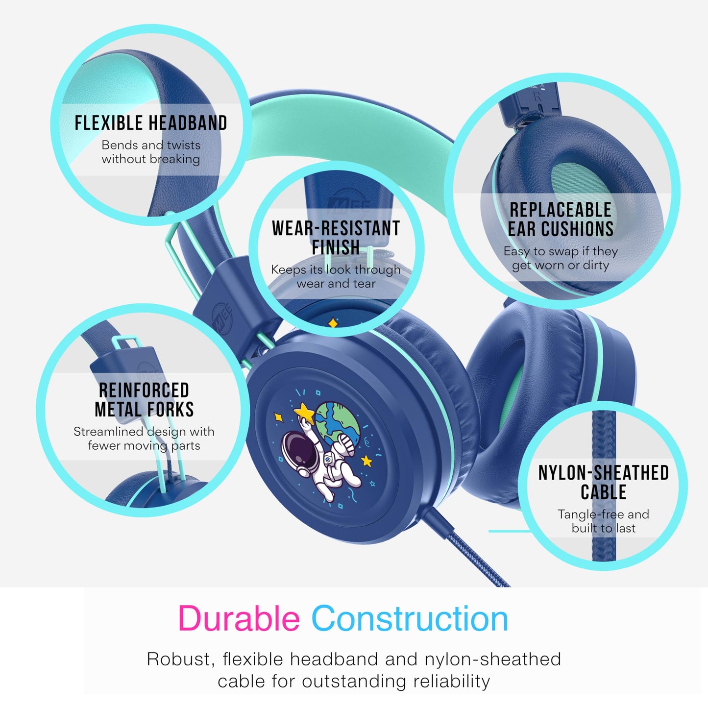 MEE audio KidJamz KJ55 Wired Children’s Headphones with 3.5mm Plug, Colorful Graphics, Volume Limiter & Microphone, Adjustable On-Ear Kids Headset