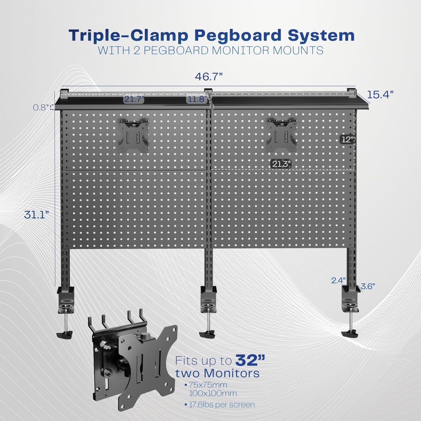 VIVO Steel Triple Clamp 47 x 31 inch Desk Pegboard System with 2 Monitor Mounts and Storage Shelf, Fits up to 32 inch Screens, Office Accessory