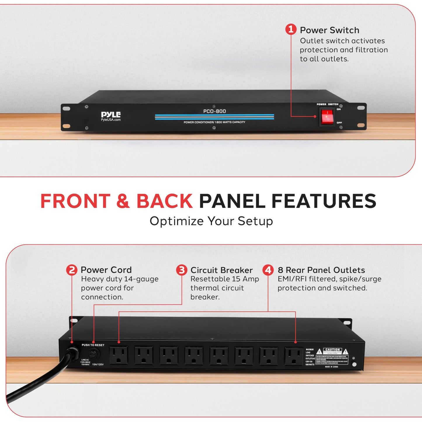 Pyle-Pro PCO800 19'' Rack Mount 1800 Watt Power Conditioner w/ 8 Outlets