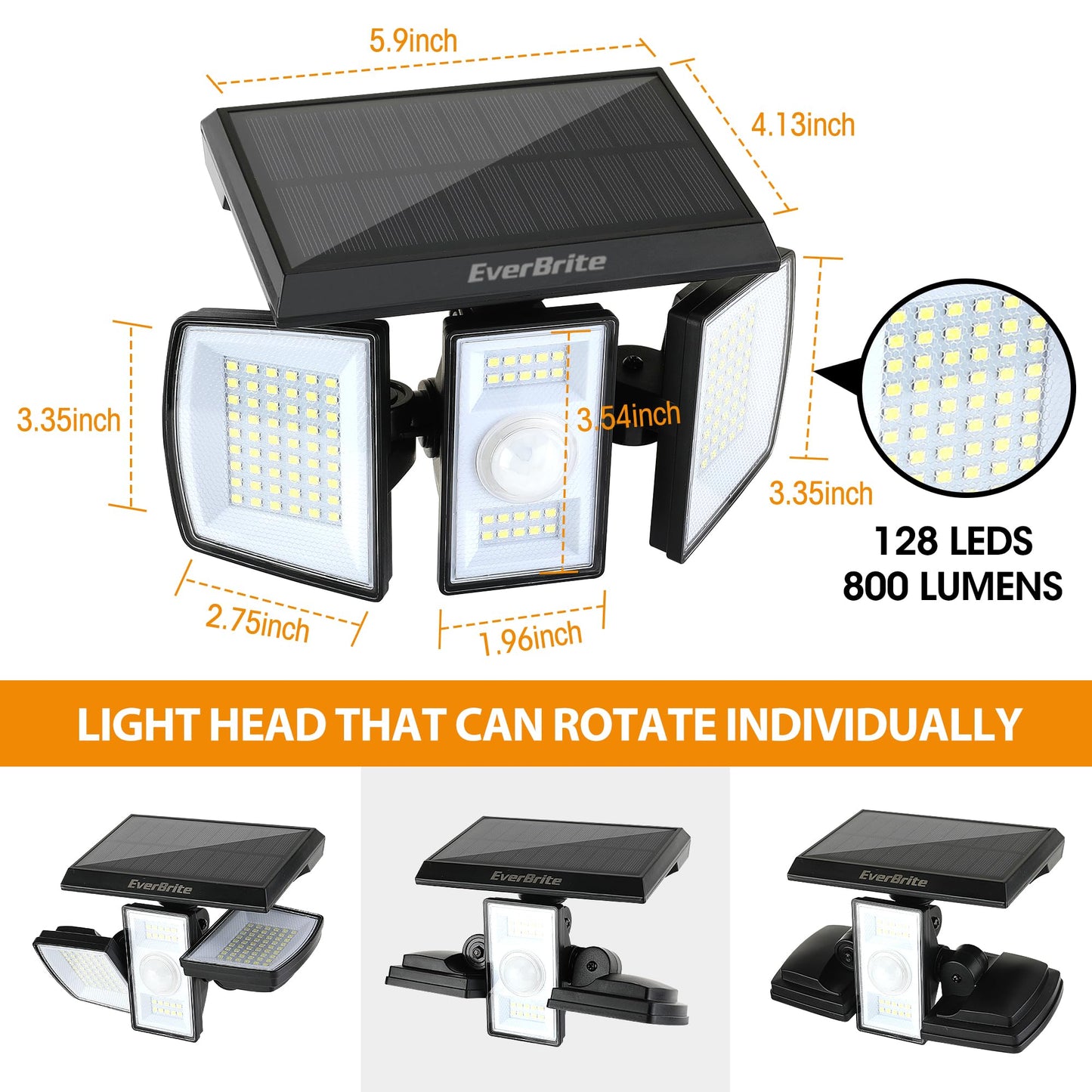 EverBrite Solar Lights Outdoor, 128 LED 7000K Motion Sensor Outdoor Lights, 3 Heads Security LED Floodlights, IP65 Waterproof, 270° Wide Angle Outdoor