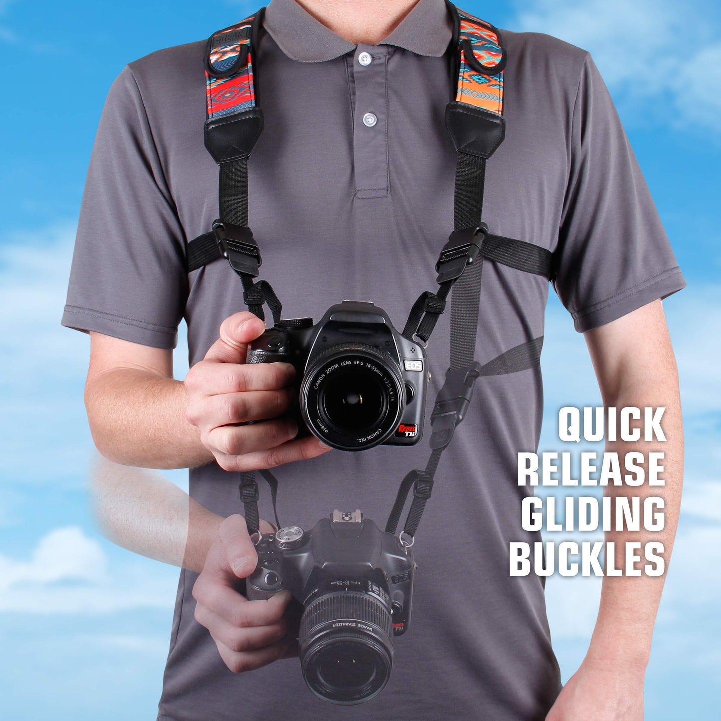 USA Gear DSLR Camera Strap Chest Harness with Quick Release Buckles, Southwest Neoprene Pattern and Accessory Pockets - Compatible with Canon, Nikon