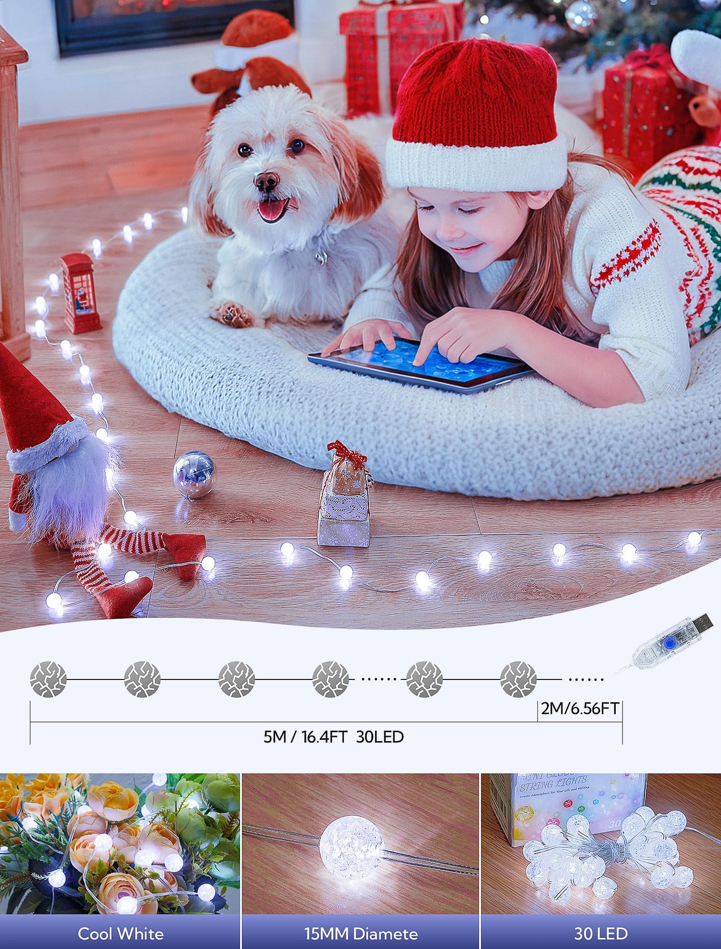BEEWIN Upgrade Globe String Lights,10FT 30 LED USB Fairy Lights,8 Modes Crystal Crackle Ball Lights,Waterproof Decorative Christmas Lights