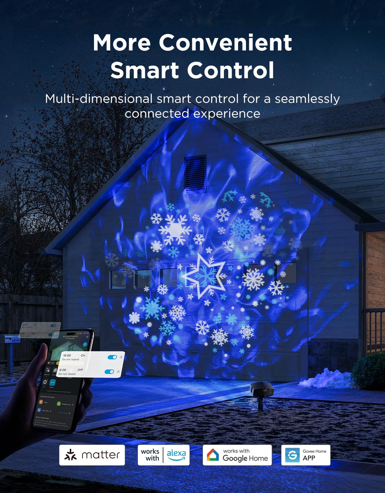 Govee Outdoor Decoration Projector Light, Upgraded LED Snowflake Projector, 180° Rotation, 20 HD Effects & 58 Scene Modes with App Control, IP67