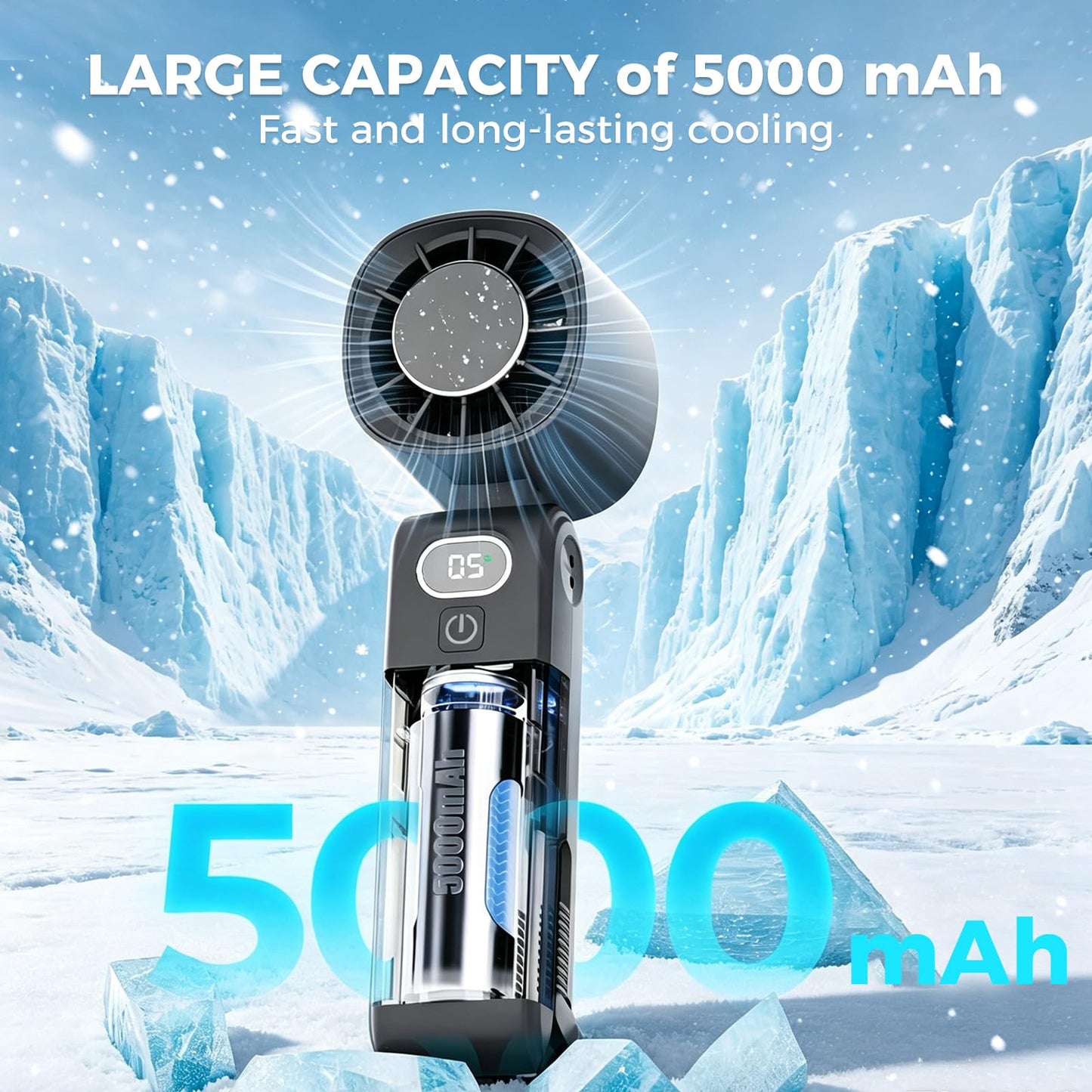 Gemmac Portable Handheld Turbo Fan with Ice Cooling, 5000mAh Personal Fan Rechargeable 5 Gear High Speed with LED Display, 5 in 1 Foldable