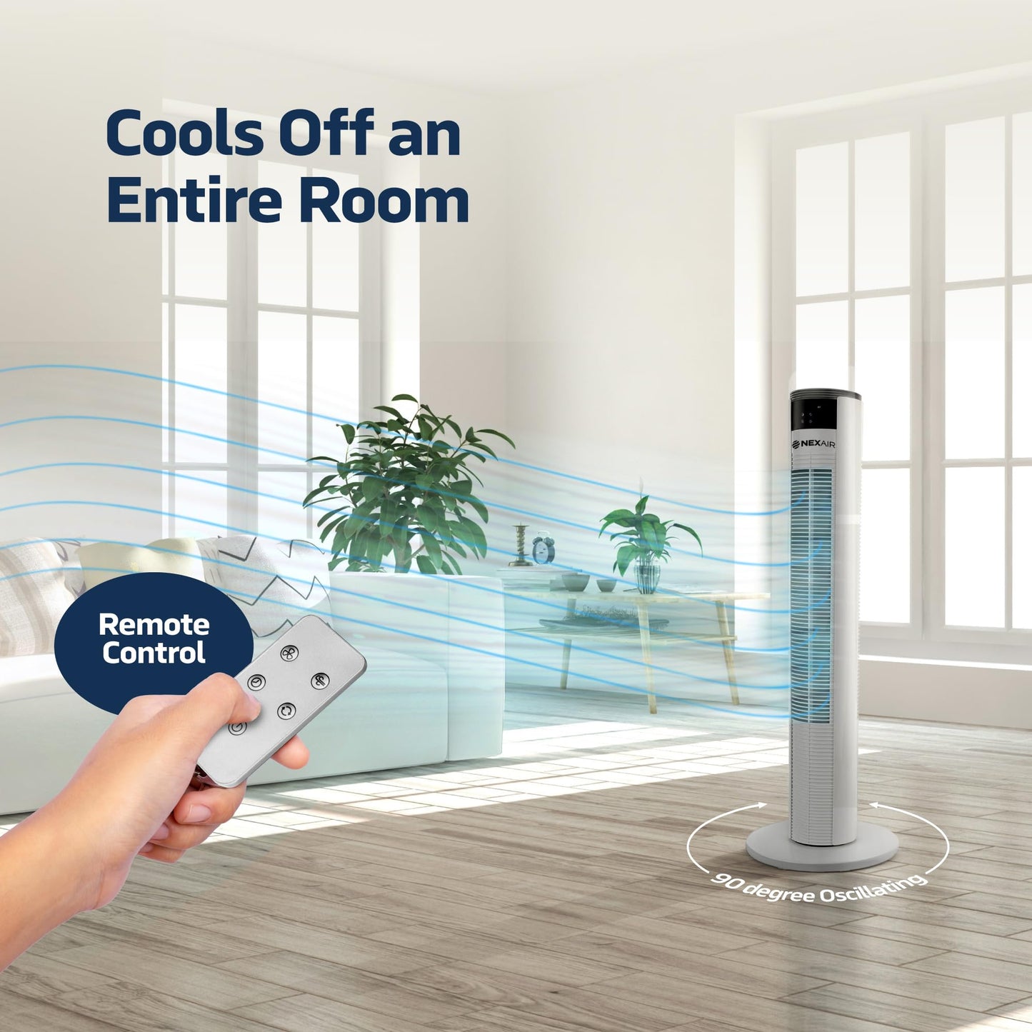 NEXAIR 36” Oscillating Tower Fan, 3 Speed Portable Fan Tower With Remote Control, Quiet Operating Floor Fan for Bedroom with 7.5 Hr Auto Off Timer