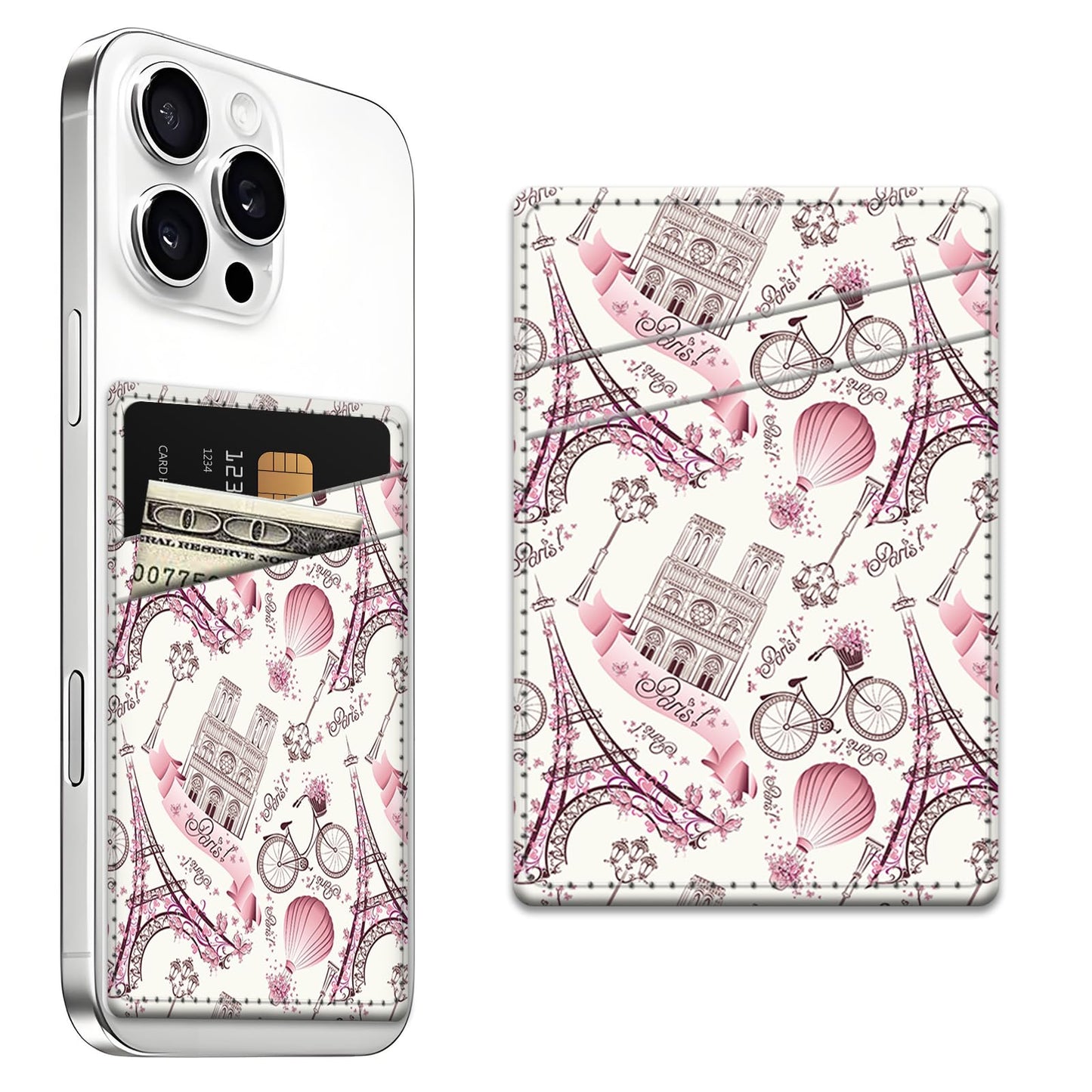 AFPRNK Phone Card Holder, Dual Pocket Leather Wallet Adhesive Stick On, Cute Credit Card Holder for Smartphones Case Compatible with Most Phone?Tower?