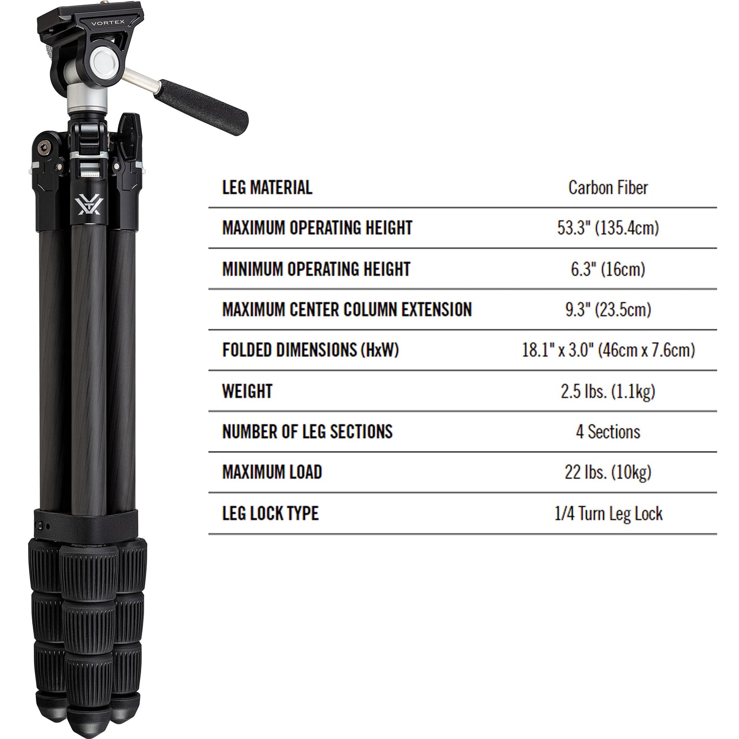 Vortex Optics Summit Carbon II Tripod Kit - Light Weight Design, Carbon Fiber Tripod, 2-Way Pan Head, 22 lb Max Load, Rubber Feet - Unlimited